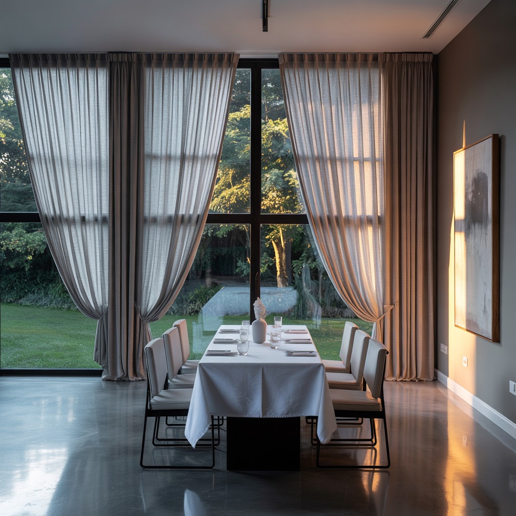 Dining area with custom window treatments