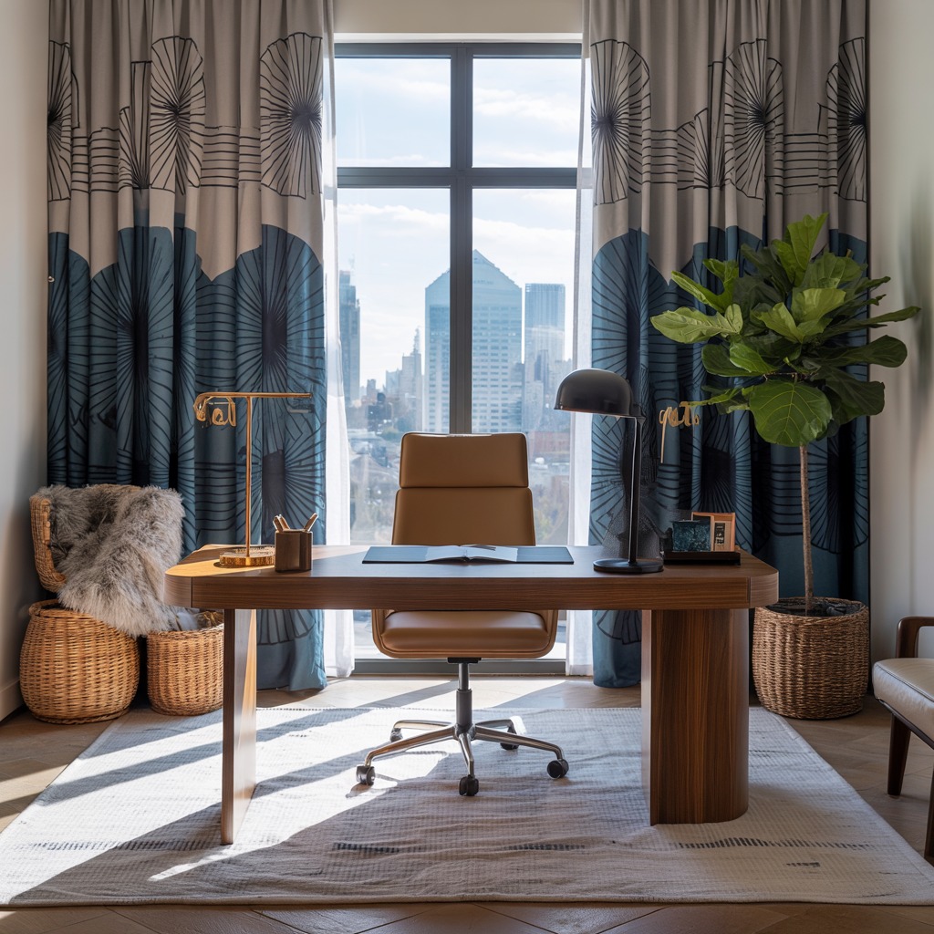 Home office with stylish window treatments